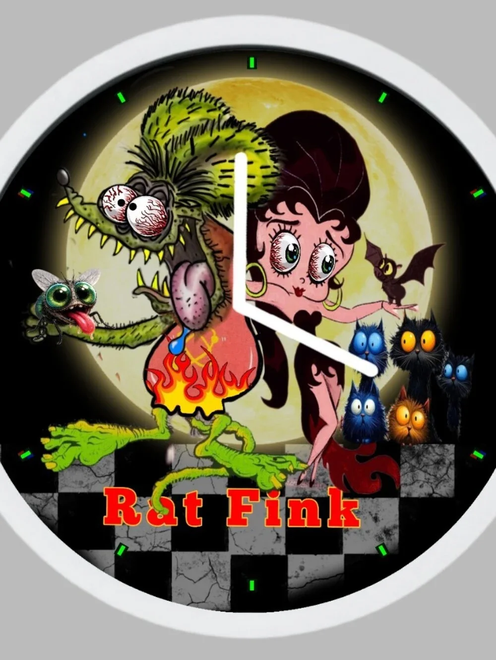 Rat Fink  And Betty Boop Graphic Wall Clock - Colorful Monster & Pin-Up Art